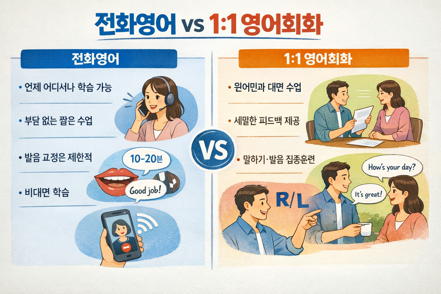 전화영어와 오프라인 영어회화 수업 비교 이미지