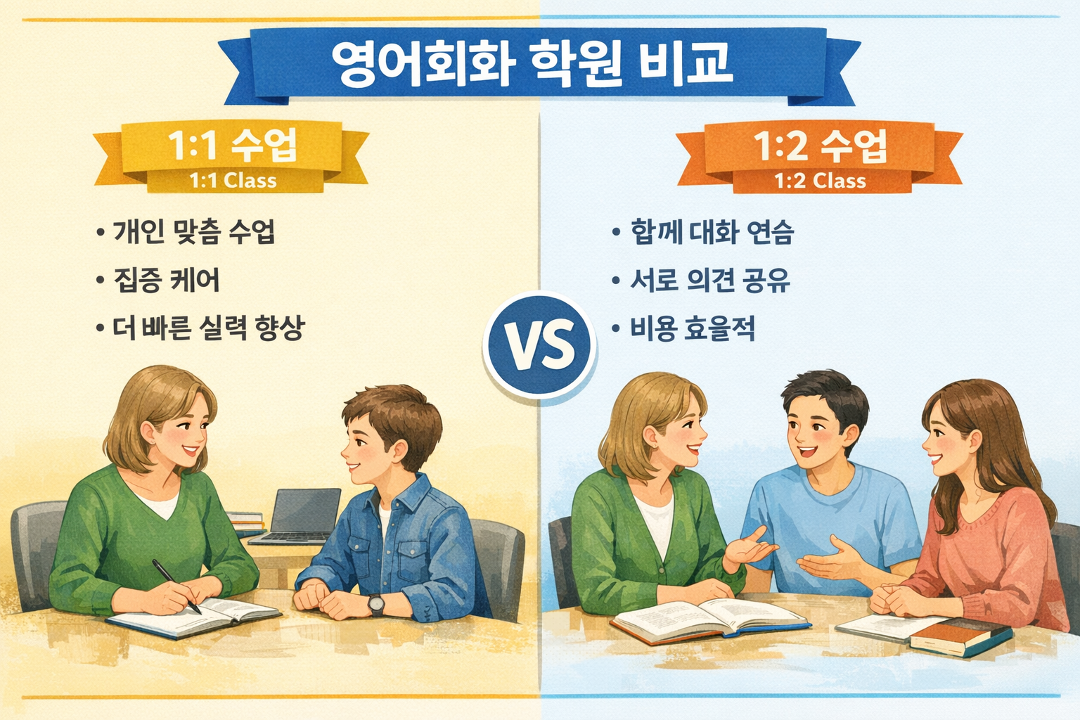 1대1 수업과 1대2수업의 비교 이미지